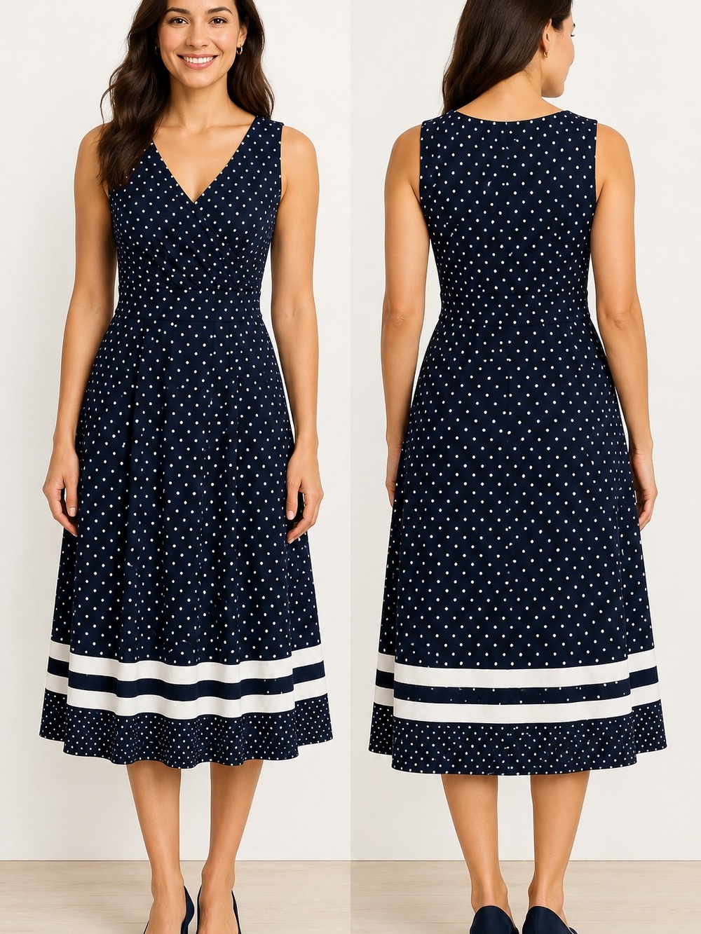 Lands' End Polka Dot Fit & Flare Dress XS 2-4 Navy Stretch Empire Waist